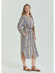 Patterned Shirt Collar Belt Detailed Beige Long Sleeve Plus Size Dress 4611